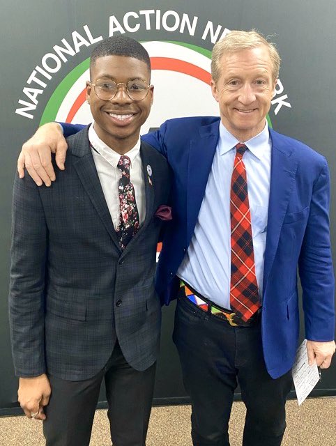 TylikMcMillan's tweet photo. Great campaign @TomSteyer, thank you for your leadership, advocacy and voice as we fight to win our democracy back. Now I have to get a plaid tie. #BackThatVoteUp ๐ https://t.co/61xglBW7nL
