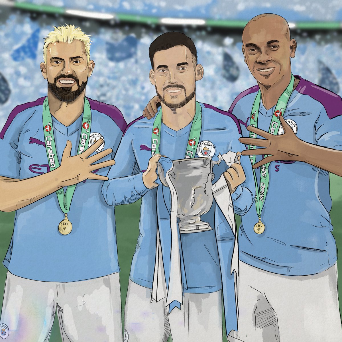 ManCity's tweet photo. WHAT A TRIO! 🏆🏆🏆🏆🏆

#CarabaoCup number 🖐 for @aguerosergiokun, @21LVA and @fernandinho! 

🔵 #ManCity https://t.co/v9V2nOrod1