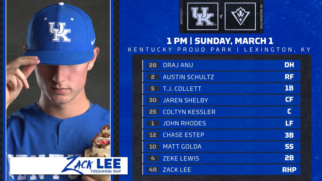 UKBaseball's tweet photo. Sunday Starting Lineup:

@Jumungi_Soriano back after missing a few games and freshman @Zack_Lee21 getting first start of his career on mound. #WeAreUK https://t.co/4dVIRnDUgB