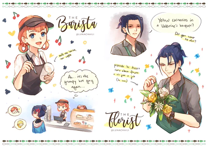 trope reversal felannie where annette is the (milk tea) barista and felix is the (surly) florist!?☕️ #fe3h #フェリアネ 
