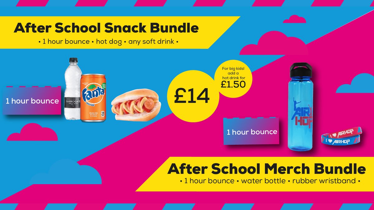 AirHopBristol's tweet photo. Brand new after school bundles! The perfect treat. Available Wednesday to Friday at 4pm, 5pm and 6pm. Book now and #JumpIntoHappy ๐ ๐๐ฝ
https://t.co/c27ESyANuD https://t.co/5OyeqaRsiG