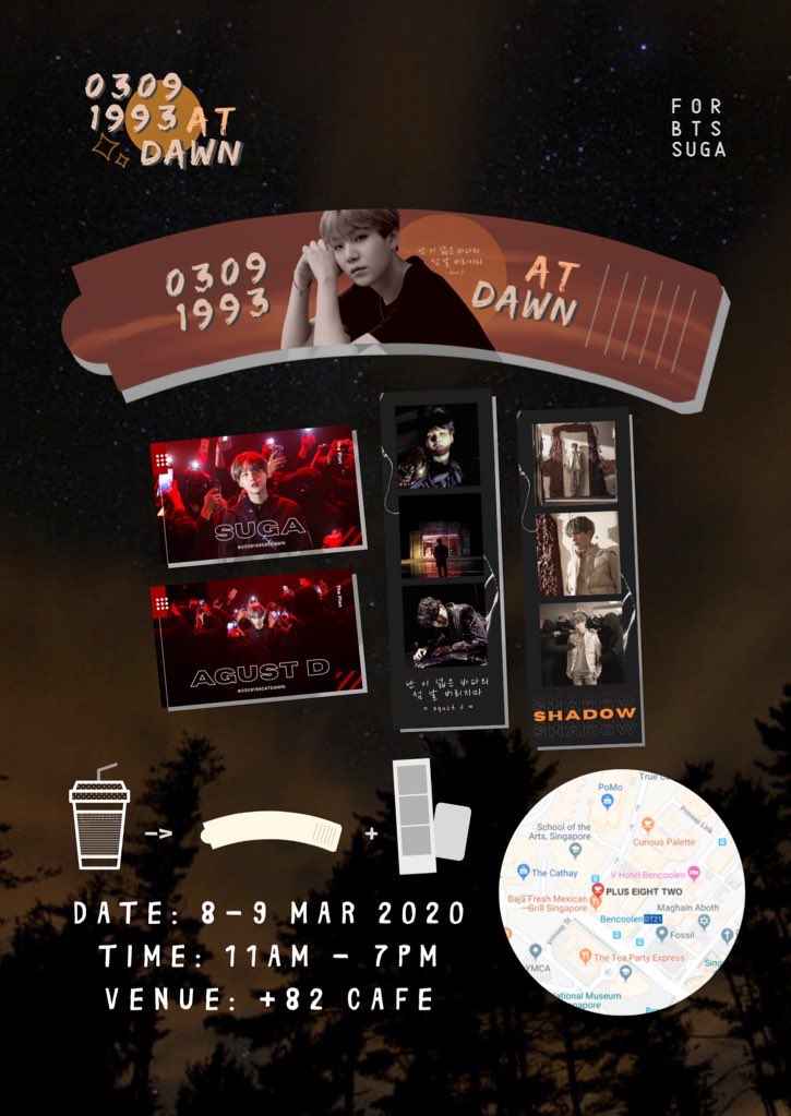 sweetgummy0903's tweet photo. #030993atDawn 🌄
— cupsleeve event for Suga

✨ 08 - 10 March 2020
🕒 11am - 7pm daily
📌 +82 Cafe

Watch this space for more updates coming soon as we countdown to Suga’s 27th !! 🥰

Designs by @pvrplexin 💜 https://t.co/tLsQXcfvER