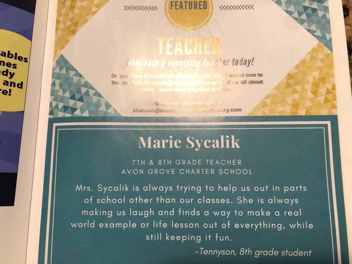 msycalik's tweet photo. Honored to be recognized. I love my job!💛💙 #iamagcs @AGCharter              
If anyone happens to have this edition of what I think is the Chester County Kids Directory (probably January or February) lying around, I would love to snag a copy to have as a keepsake. Thanks! https://t.co/7hKAT4H8GL