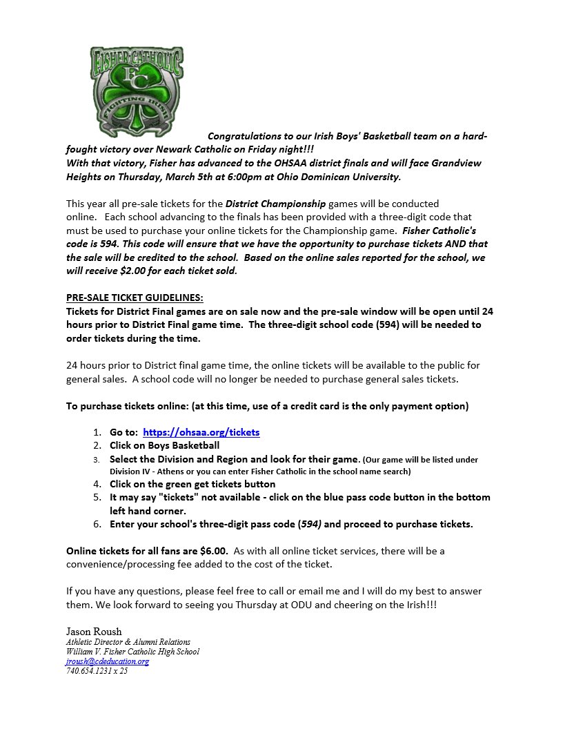 fishercatholic's tweet photo. Congrats to the Irish boys for advancing to the District Final!  Please see below for pre-sale ticket instructions. Pre-sale tickets will only be sold online and $2 comes back to FC for every ticket sold using our promo code.  Get your tickets early and GO IRISH! ⁦@19Fcss⁩ https://t.co/7T0pXerhIT