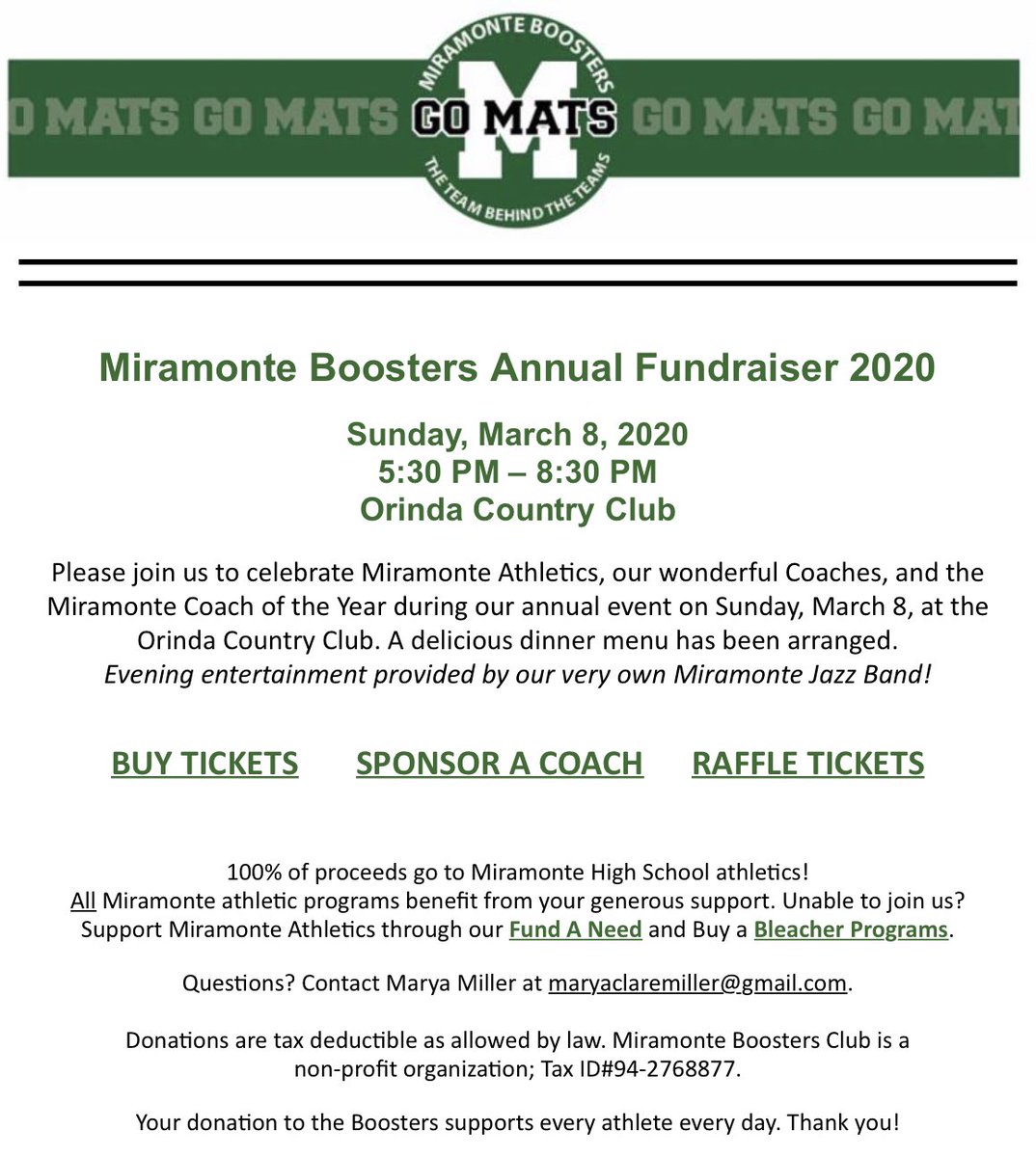 One week from tonight! Get your tickets now for the Miramonte Boosters annual fundraiser party next Sunday night at OCC! Come out for a great time and support Miramonte athletics. Tickets available at the link below. Go Mats!

miramonte.revtrak.net/booster-s-club…