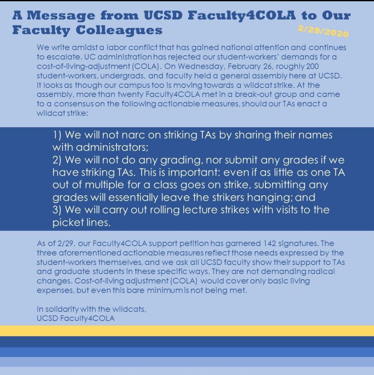 ColaUcsd's tweet photo. UCSD Faculty4COLA wrote a letter in support of us! We love faculty who take the time to understand our struggle and support us! #spreadthestrike #cola4all #faculty4cola https://t.co/R51pcJEjHI