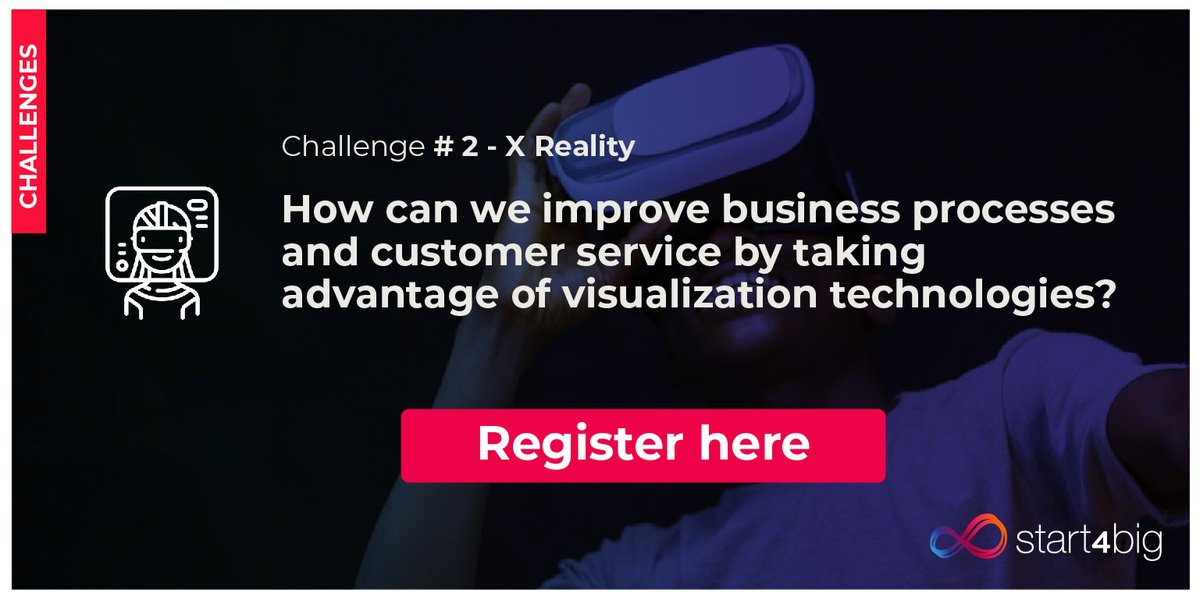 THE LAST DAY TO APPLY TO START4BIG!

#CHALLENGE2 | #Start4big aims to use visualization technologies such as AR, VR and MR in order to improve business processes and customer service.

If you have a solution, apply NOW: 👉 bit.ly/2qpy6oz 👈