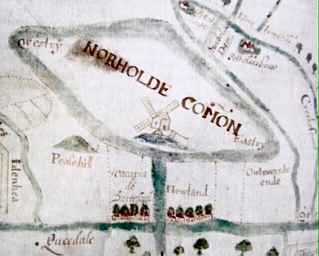 DrSueOosthuizen's tweet photo. #Intheirfootsteps A 16thC copy of a late #medieval map shows the location of the Bishop of Ely's vaccaria (manorial dairy farm) - 1st recorded in 1222- on the edge of fen #commons on the N bank of the R Nene in March, Cambs.... https://t.co/yA97ol8fe1