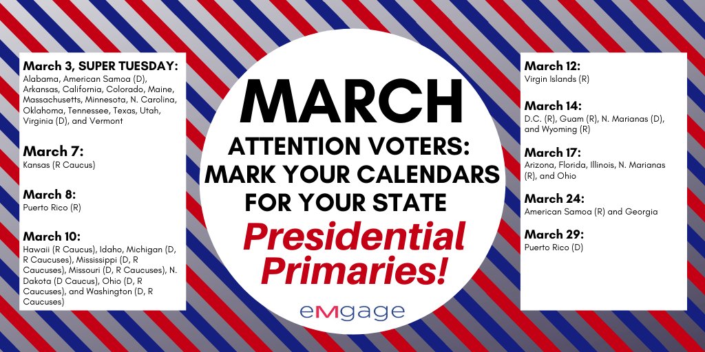 ATTENTION VOTERS:

Mark your calendars for your state voter registration deadline and your state primaries or caucuses, for the month of March!