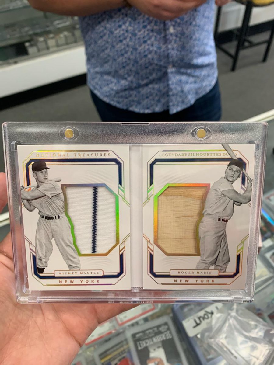 surfcitycards's tweet photo. Customer walks out with the Pull of the day!! 2019 Panini National Treasures Legendary Silhouette Dual MICKEY MANTLE & ROGER MARIS Jersey with pin Stripe and Game Used Bat Relic Booklet #12/15. Put that Baby in a One touch fast!! Congrats! #yankeelegends #mandmboys #mickeymantle https://t.co/upkGKWEUue