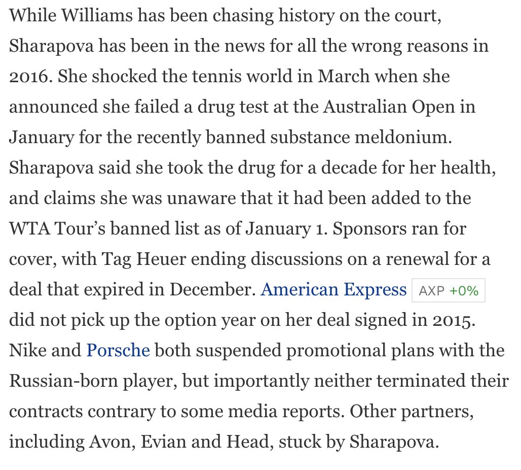 Serena became the top-earning female athlete in 2016, surpassing Sharapova who had held that spot for 11 years since her 2004 Wimbledon victory, due to her loss of sponsors during her suspension.