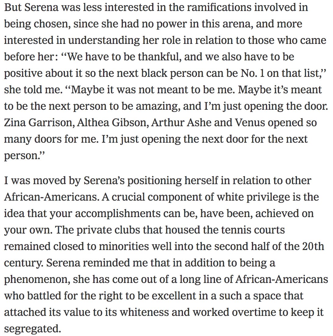 Serena is fully aware of the double standards that exist between her and someone like Sharapova when it comes to endorsements, brand-building, and marketing, both inside and outside of the sport. More importantly, she is aware of what her success means for women like her.