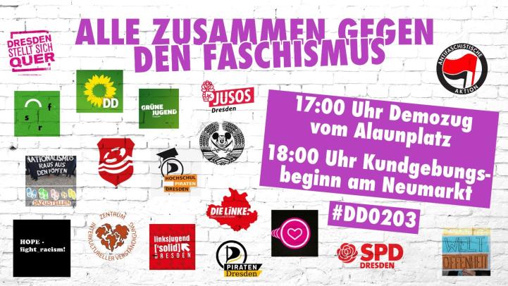 Großes Bündnis Dresdner Initiativen und Parteien gegen Pegida - Sei dabei am 02.03. 17:00 Uhr Alaunplatz, 18:00 Uhr Neumarkt!
#DD0203 
#Dresdengehtunsallean 
#nopegidaDD 
#GGUltras