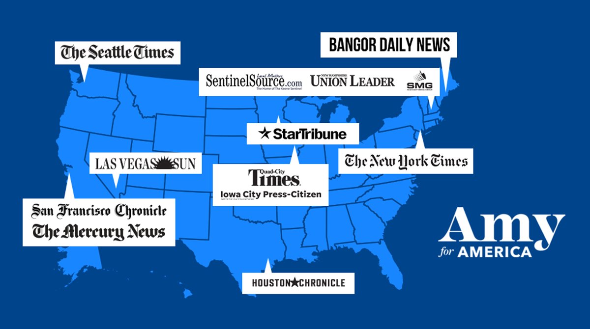 amyklobuchar's tweet photo. 13 newspapers, from coast to coast and north to south, have endorsed me and our campaign’s optimistic economic agenda. As we travel across the country, we are meeting people where they are, bringing them with us, and building a big coalition to defeat Trump in 2020. https://t.co/fDKJr5dn6T