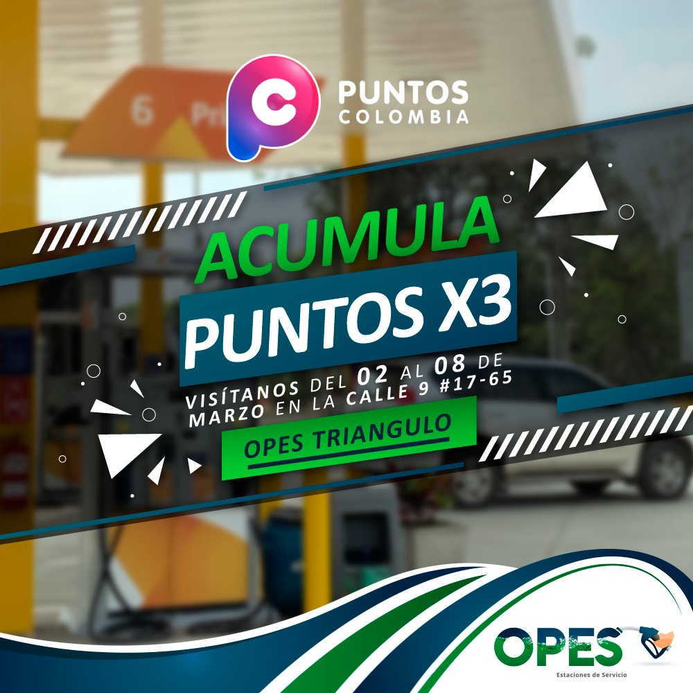 Opesltda's tweet photo. Acumula TRIPLE PUNTAJE con Puntos Colombia y Opes Triangulo!! 

Visítanos del 02 de  al 08 de marzo en la calle 9 # 17 - 65 y todos los puntos que acumules por tanqueos se multiplicarán por 3.
#EstaciónDeServicio #EstaciónDeGasolina #BombaDeGasolina https://t.co/CQ3wCABf5D https://t.co/ZYjbbSIijM
