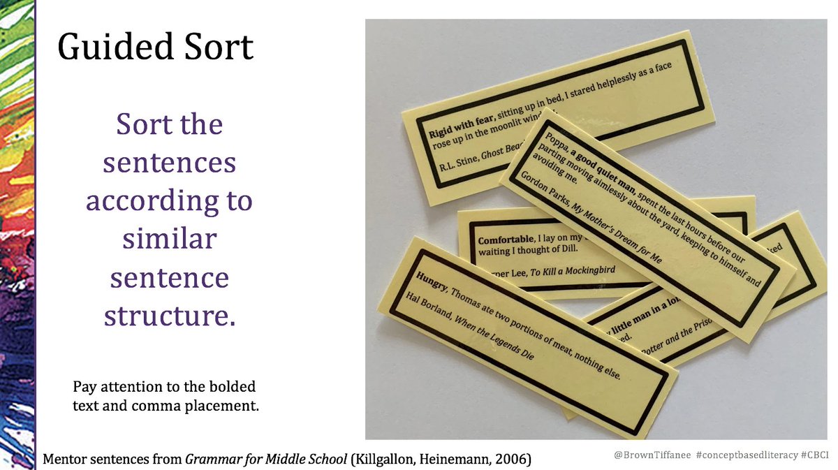 BrownTiffanee's tweet photo. I frequently get asked about grammar instruction. Here is a favorite strategy &amp; an awesome resource. 1) Play with the grammatical concept through sorting/inductive tasks to invite student thinking, 2) Discuss &amp; hold writing mini-lesson, 3) Play with the technique as writers. https://t.co/GPP1s6e7Mq