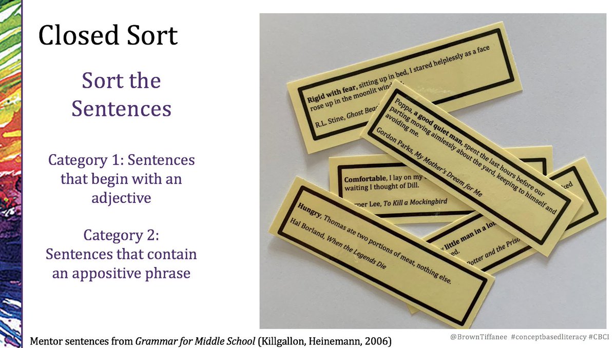 BrownTiffanee's tweet photo. I frequently get asked about grammar instruction. Here is a favorite strategy &amp; an awesome resource. 1) Play with the grammatical concept through sorting/inductive tasks to invite student thinking, 2) Discuss &amp; hold writing mini-lesson, 3) Play with the technique as writers. https://t.co/GPP1s6e7Mq