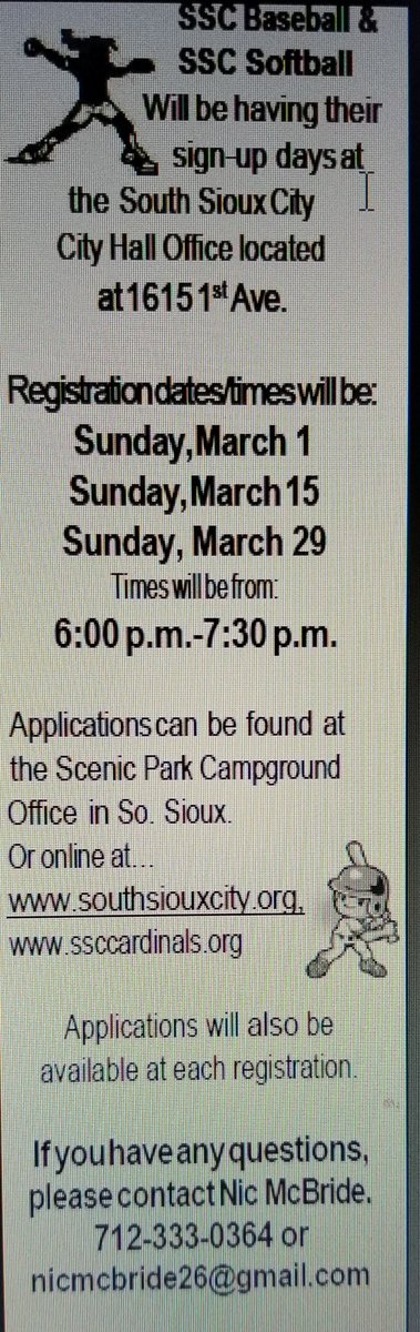 Tonight is the first night for SSC baseball and softball signups at City Hall from 6 to 730. Boys ages 4 - 14. Girls ages 4 - 18. See you there!