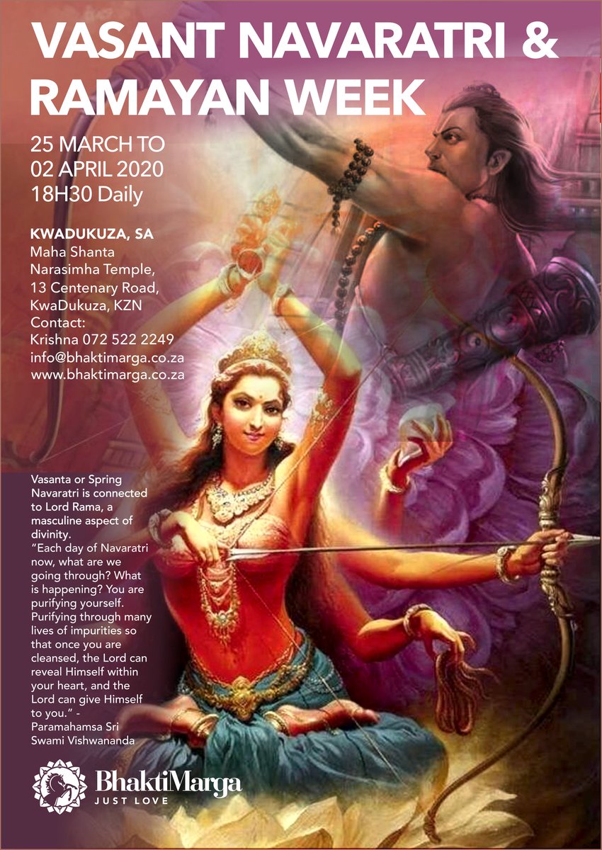 BM_South_Africa's tweet photo. #JaiGurudev!
Join us 25 March to 02 April 2020 at the Maha Shanta #Narasimha #Temple in #KZN for VASANT #NAVARATRI & #RAMAYANWEEK!
https://t.co/x8b2KkM1kL https://t.co/z4t4TDTmt1