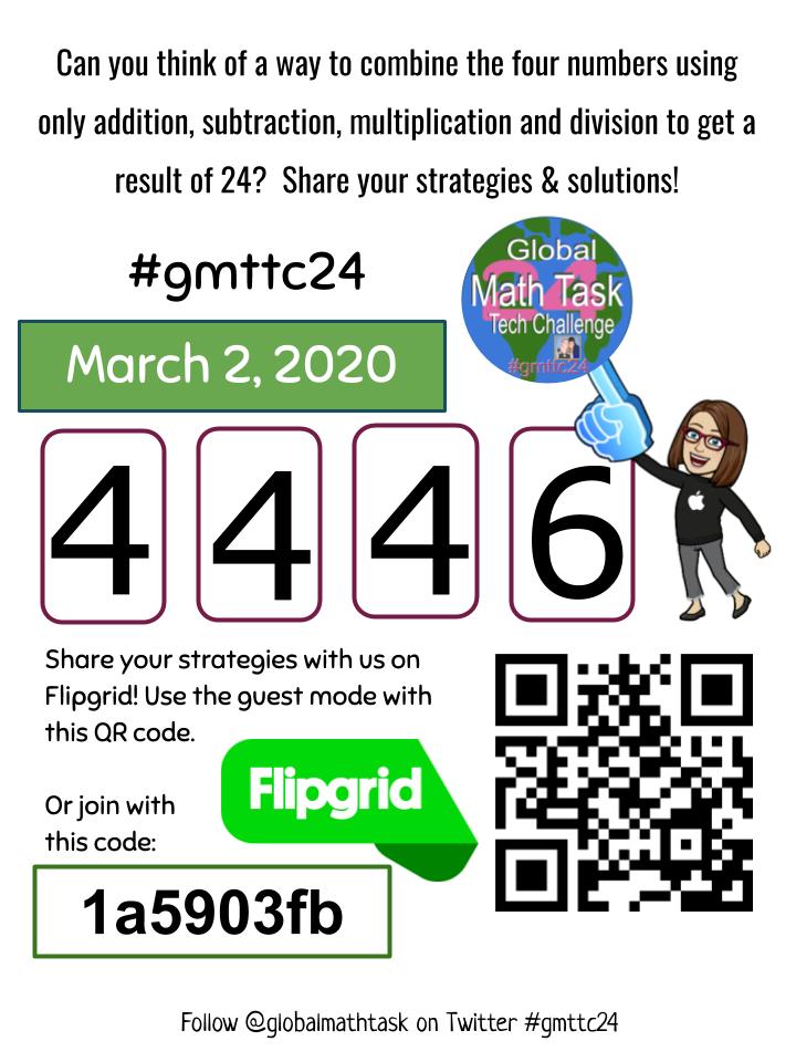 New #gmttc24 numbers posted! Follow <a href="/swampfrogfirst/">Heidi Samuelson #edtechcoach</a> to connect using @Flipgrid Share your strategies, solutions, and locations! How many different ways can we find to solve for 24? <a href="/24game/">24® Game</a> is our favorite! #FlipgridFever #iteachmath #4thchat #sharethelearning
