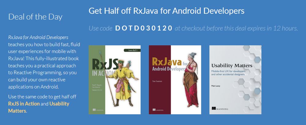 ManningBooks's tweet image. Last call on DOTD Feb 30: Half off  RxJava for Android Developers ! Use code dotd030120tw at bit.ly/3coSs4v #frp #UI  #RxJava #android #AndroidDev #rx

Check out the #liveBook: livebook.manning.com/book/rxjava-fo…