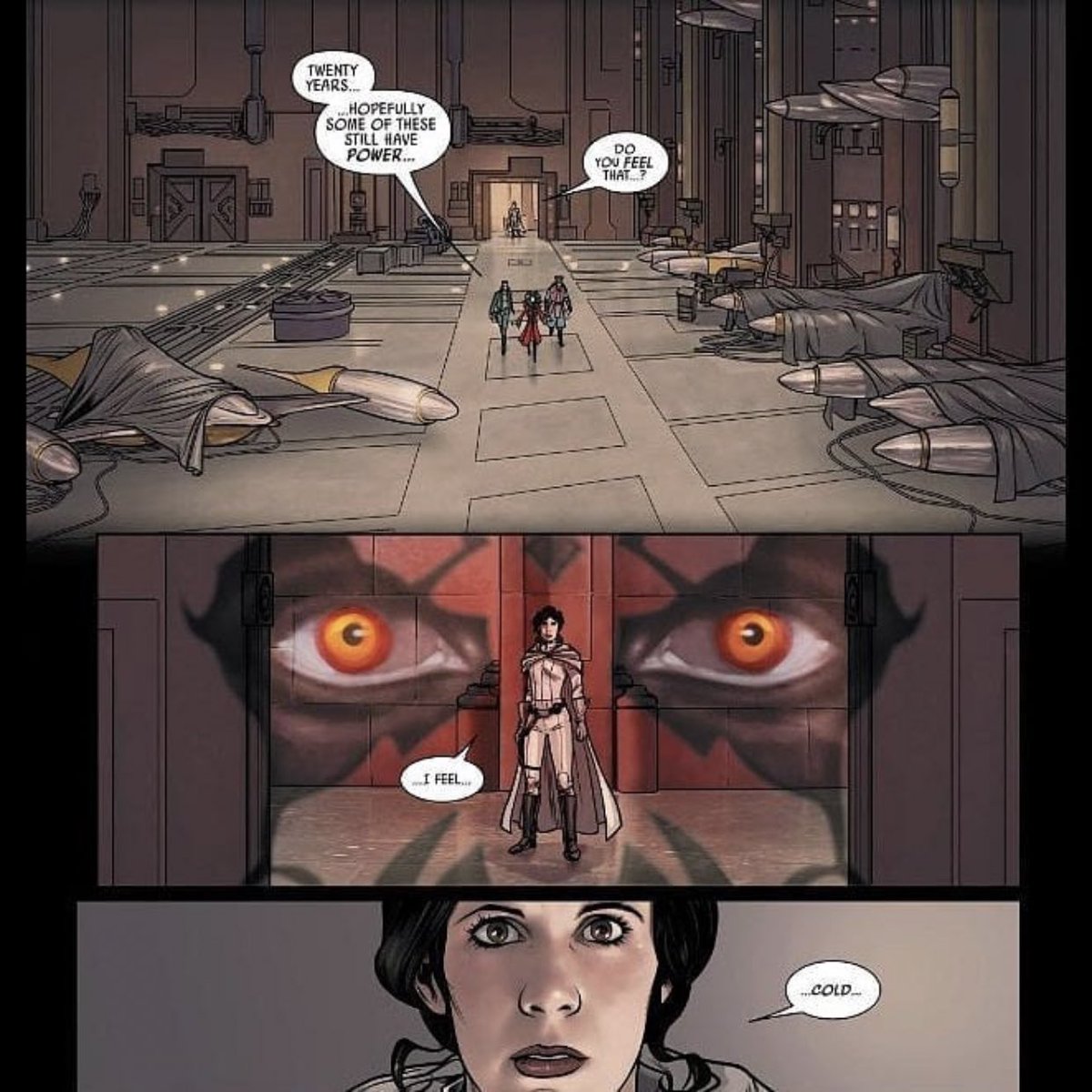 Princess Leia feeling the force energy and Darth Maul’s dark energy and rage throughout a hanger on Naboo 30 something years after the events taken place there.