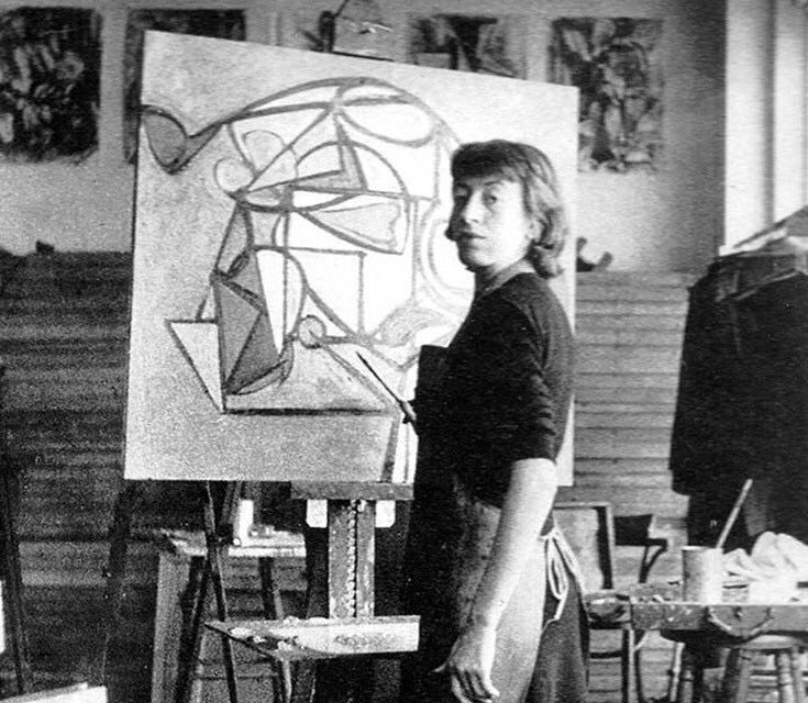 Lee Krasner (EEUU. 1908-1984)Pintora formada y estudiosa de las vanguardias europeas, era autoexigente y muy crítica, lo que la llevaba a probar con diversos lenguajes y formas de expresión. Pasa por estilos abiertos y líricos llegando hasta modelos más geométricos y oscuros.