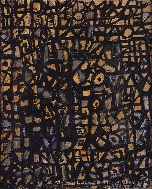 Lee Krasner (EEUU. 1908-1984)Pintora formada y estudiosa de las vanguardias europeas, era autoexigente y muy crítica, lo que la llevaba a probar con diversos lenguajes y formas de expresión. Pasa por estilos abiertos y líricos llegando hasta modelos más geométricos y oscuros.