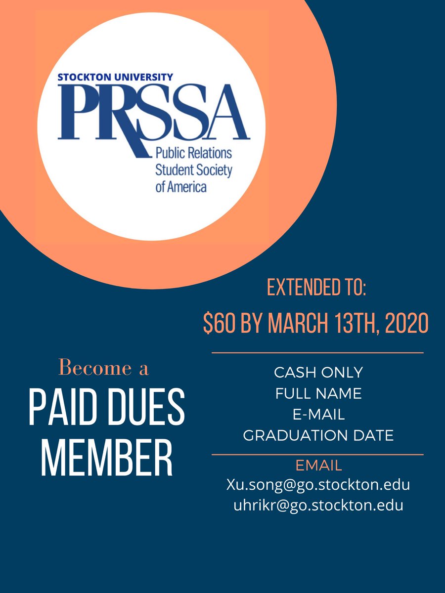 StocktonPRSSA's tweet photo. PRSSA dues have been extended to March 13th, 2020. Consider joining as PRSSA due paid members receive access to a variety of membership benefits that will enhance your education, broaden your professional network, and launch your career. https://t.co/99qUZMJyH2