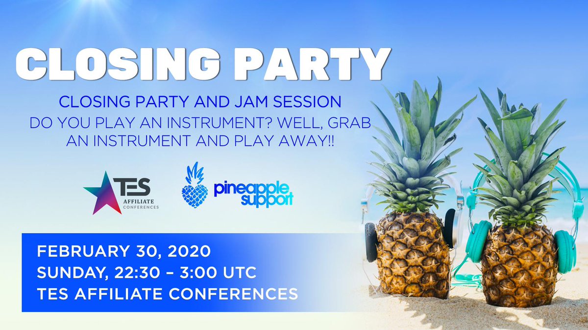 PineappleYSW's tweet photo. Do you play an instrument? Well, grab an instrument and play away!
Closing party and jam session - 22.30-03.00
#TES #TES2020 #TESaffiliateconference #theeurosummit #TESTalks #TESLive #TESLisbon https://t.co/80ethRZUOB