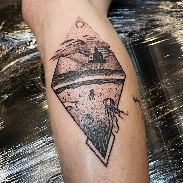 Pisces and mountain beach landscape tattoo  Tattoos Geometric mountain  tattoo Landscape tattoo