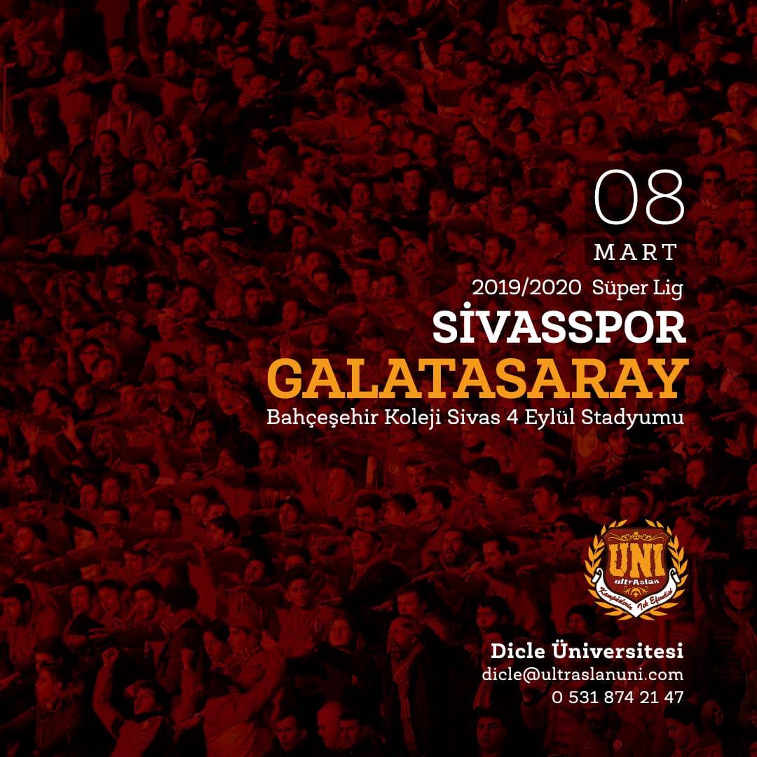 8 Mart 2020 tarihinde oynanacak Sivasspor -GALATASARAY karşılaşmasına gidiyoruz. Katılmak isteyen arkadaşların en kısa sürede iletişim numarasından bizlerle iletişime geçmesi gerekmektedir 
NOT: KONTENJAN SINIRLIDIR
İletişim: 0531 874 2147

#ultrAslanUNI