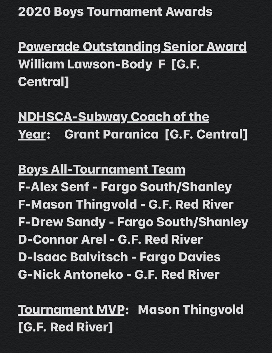 NDHSHockey's tweet photo. 2020 Boys Tournament Awards Announced https://t.co/lOZoT1EPkL