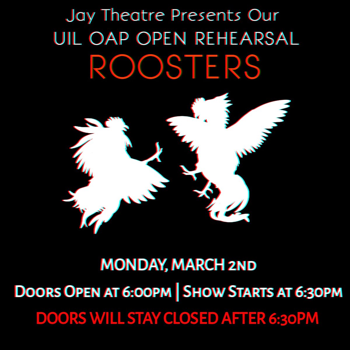 JayTheatre's tweet photo. Jay Theatre Presents Our, 2020 UIL One Act Play, ROOSTERS! This Monday at 6pm https://t.co/NBV0vWz8bS