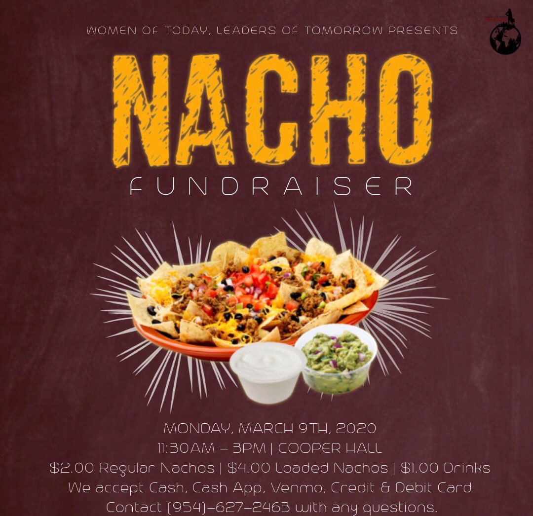 usfwtlt's tweet photo. It’s Nacho Night 🌮 With the   Ladies of W.T.L.T 🥳 Come grab a full plate of nachos and help us raise money for our 3rd Annual “What is a  Woman” series on Monday 03.09.2020 from 11:20am - 3pm outside of Cooper, See you there ✨!
#USF23 #USF22 #USF21 #USF20  #USFWTLT #USF #WTLT https://t.co/IrZImRaz8s