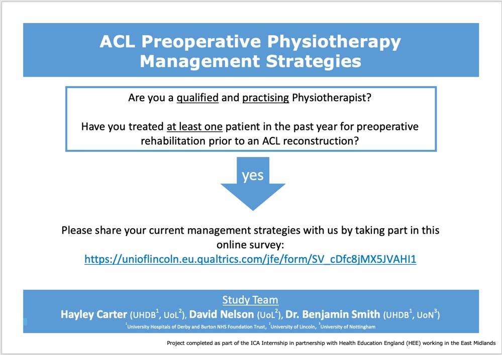 CALLING ALL PHYSIOTHERAPISTS. Do you treat patients for preoperative rehabilitation prior to an ACL reconstruction? If yes, we want you to get involved in sharing your management strategies by taking part in our survey - unioflincoln.eu.qualtrics.com/jfe/form/SV_cD…