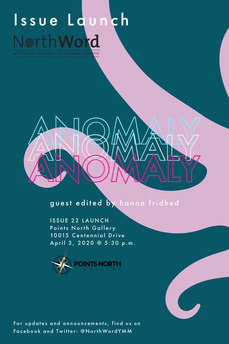 SAVE THE DATE: April 3 is the launch of our Anomaly Issue #22, guest edited by <a href="/fridhed/">Hanna Fridhed</a>. Points North Gallery.  5:30 p.m. Celebrate National Poetry Month with us. Readings/open mic. Coffee and refreshments served. #ymm #ymmarts <a href="/ArtsCouncilWB/">Arts Council Wood Buffalo</a> <a href="/wbrl_ab/">WBRegionalLibrary</a> @LiteracyWire @KeyanoTheatre