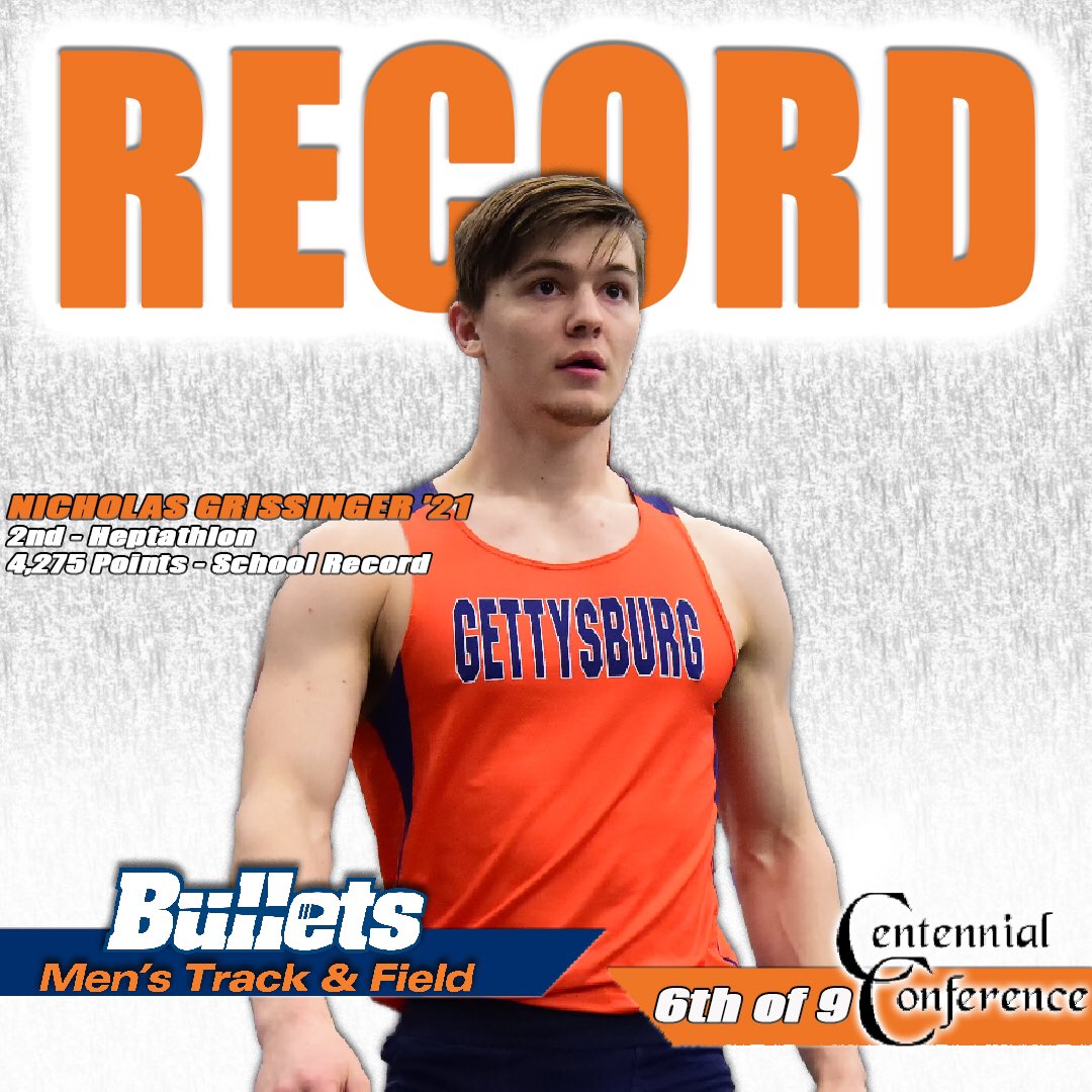 gburgbullets's tweet photo. Congrats to Nicholas Grissinger ‘21 on shattering the Gettysburg indoor track & field record in the heptathlon by 465 points! 🤯🔥#GoBullets #BulletsMTRACK #CentennialConf #d3tf #record https://t.co/o8zOhdmgoh
