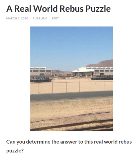 A Real World Rebus Puzzle

#Puzzle #Puzzles #PuzzleADay #PuzzleForToday