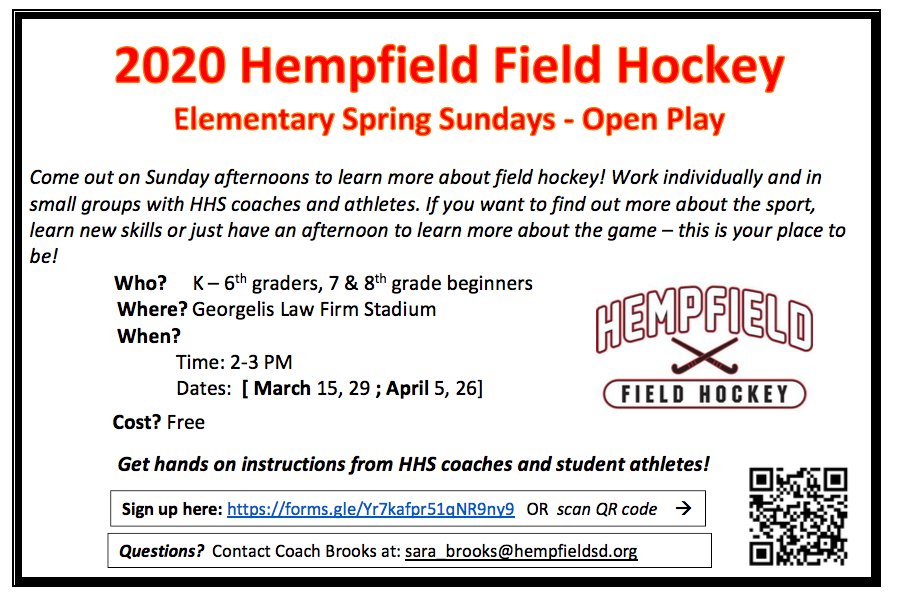 Spring 2020:   HFH Elementary Clinic

Open to K - 8th graders interested in learning about the game of field hockey! This is a FREE clinic that runs on:

{DATES: March 15, March 29  /  April 5, 26  }

Sign up here: forms.gle/Yr7kafpr51qNR9…