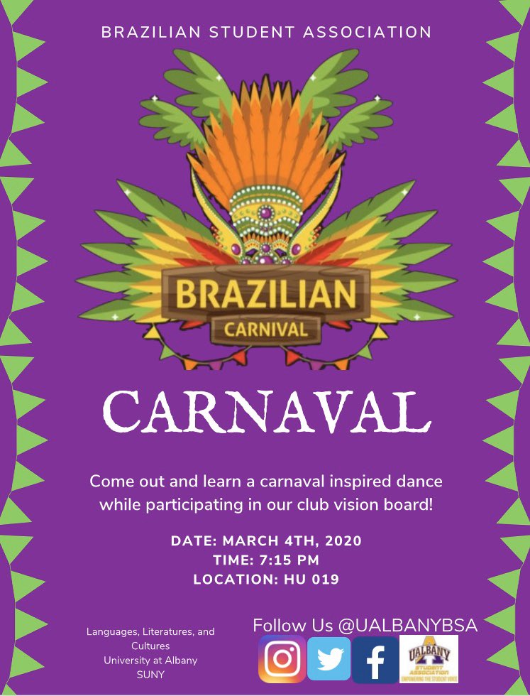 UAlbanyBSA's tweet photo. Oi pessoal! Come out and celebrate carnaval by learning a dance and adding to our vision board for the year. This upcoming Wednesday at 7:15pm in HU19. https://t.co/ucF4D7tvL9