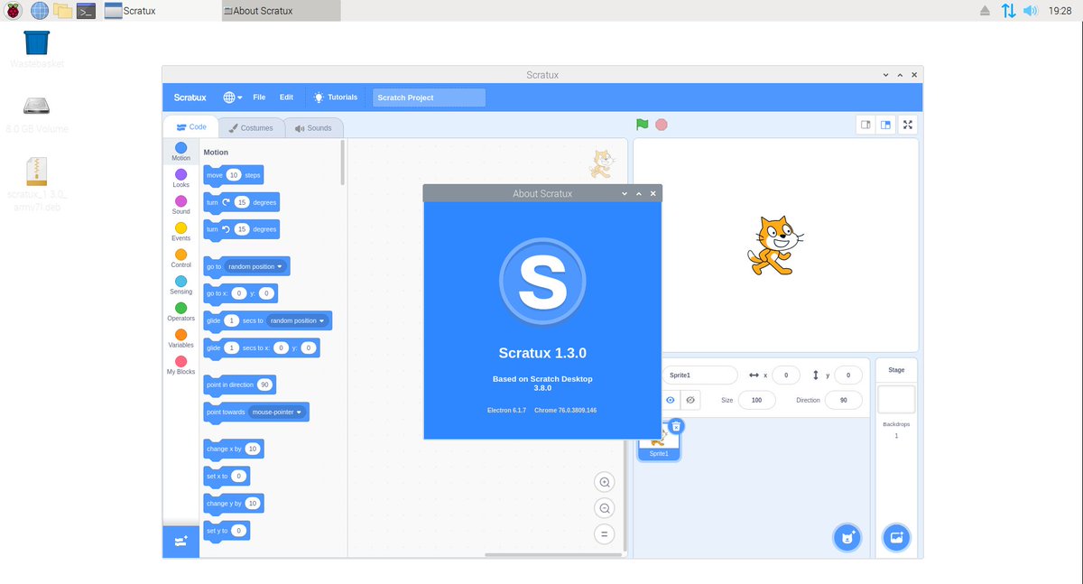 scratux_app's tweet photo. Scratux v1.3 is out! Based on Scratch Desktop 3.8.0 and fetching latest features (like @Raspberry_Pi / #Raspbian support) and bug fixes. Downloads available at https://t.co/WF75Vvtowq https://t.co/oNQU143XZz