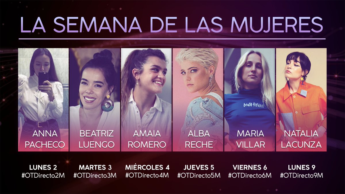 OT_Oficial's tweet photo. 👉🗓 Con la vista puesta en el #8M ♀ esta próxima semana las mujeres artistas y creadoras van a tener un especial protagonismo en la Academia 💜 Who run the world? 💪 #OTGala7 https://t.co/2LhWQKQoN4