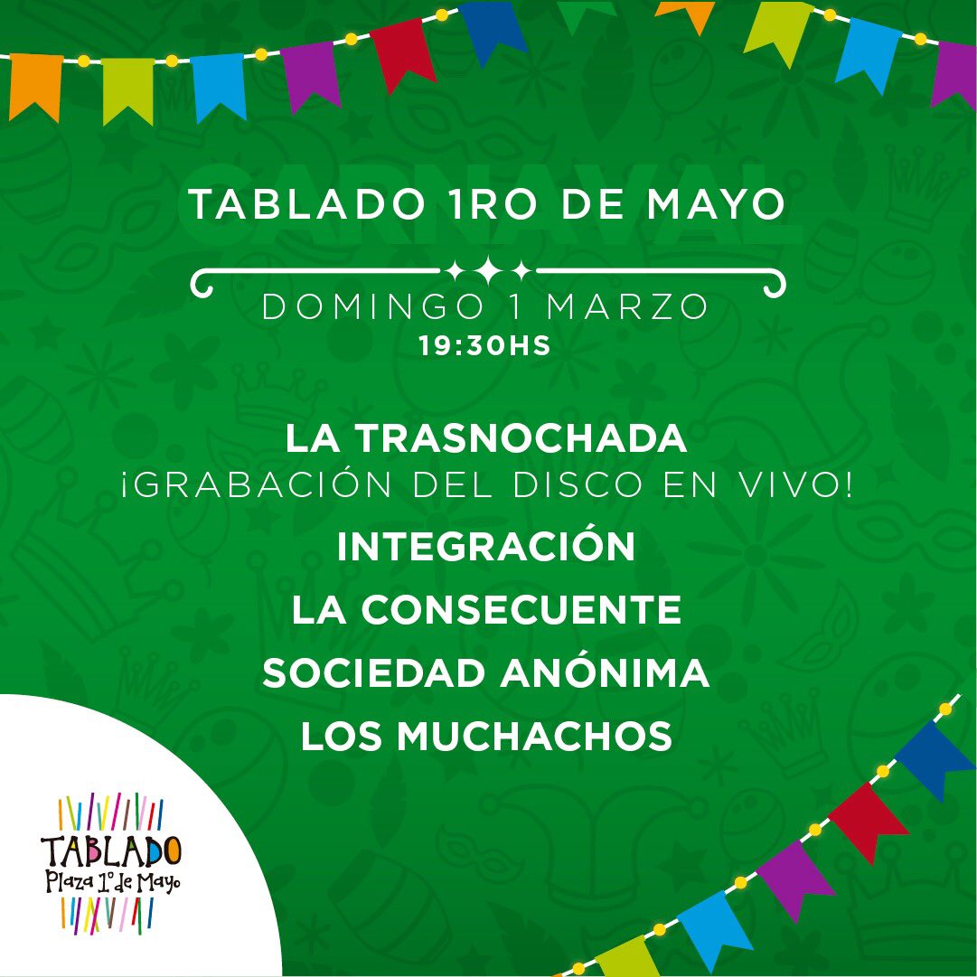 Noche de domingo HOY en el Tablado 1ero de Mayo. Actuan:

- LA TRASNOCHADA (Grabación del Disco en Vivo!) 
- INTEGRACIÓN 
- LA CONSECUENTE
- SOCIEDAD ANÓNIMA
- LOS MUCHACHOS

Si es Carnaval es en el Tablado 1ero de Mayo.🎭

🎟Entradas en reduts.com.uy y puntos de venta.