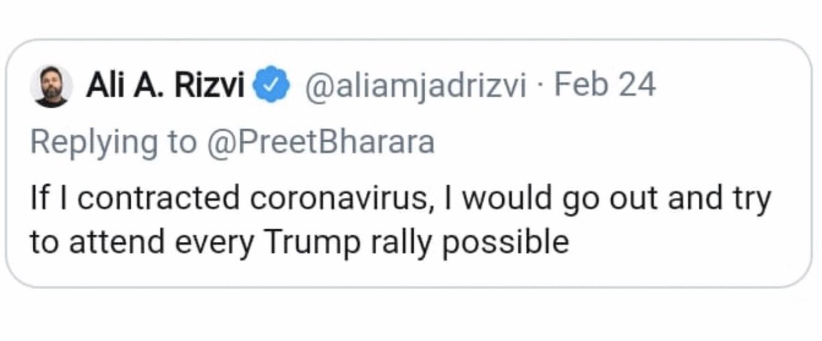 TarekFatah's tweet photo. Here's another Pak-Canadian ex-Muslim, a physician trapped in Muslim nationalism &amp; hatred of the West, despite being an atheist. 

Meet Dr @AliAmjadRizvi who  tweets: "If I contracted #coronavirus, I would go out &amp; try to attend every #Trump rally."

He's one of Jinnah's Orphans. https://t.co/05wqPfV1ci