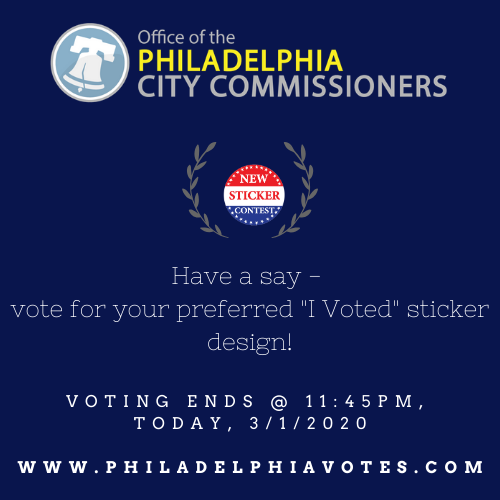PhillyVotes's tweet photo. Philadelphian’s – tonight is the deadline to vote on the new “I Voted” sticker design that will be implemented for the next election - the Presidential Primary. You have until tonight at 11:45PM to vote, use this link to do so: https://t.co/qu8hiwQevc https://t.co/HoAEWZFJCv