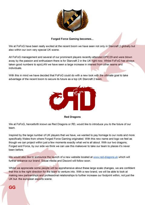 RedDragonsGG's tweet photo. Hello everyone, please read our statement regarding changes from Forged Force Gaming to RedDragons. https://t.co/OTl3umGHm9
