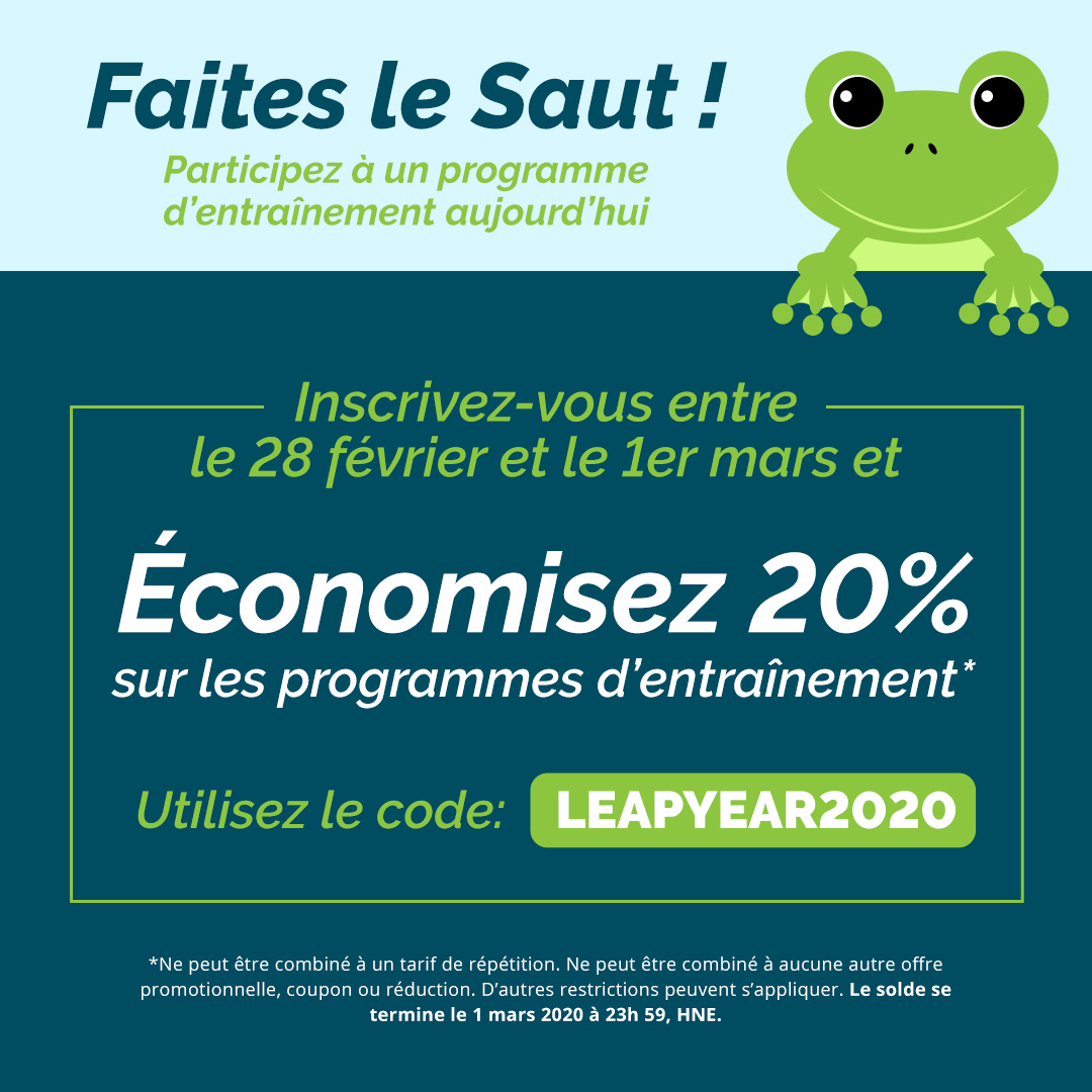 Did you miss out on the Leap Year training program special? Never fear - you can register online until 11:59PM TODAY (March 1st, 2020) to save 20% on your new clinic sign-up! 

You can find our LTR, 5km, &amp; 10km clinics for the <a href="/FtonMarathon/">Fredericton Marathon</a> online at events.runningroom.com/hm2/index.php.