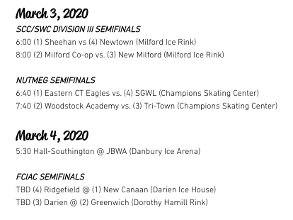 CTHSHockey's tweet photo. Championship Week starts Tuesday! Here's what the conference tournaments are looking like! #cthk https://t.co/gUln0NiU8G