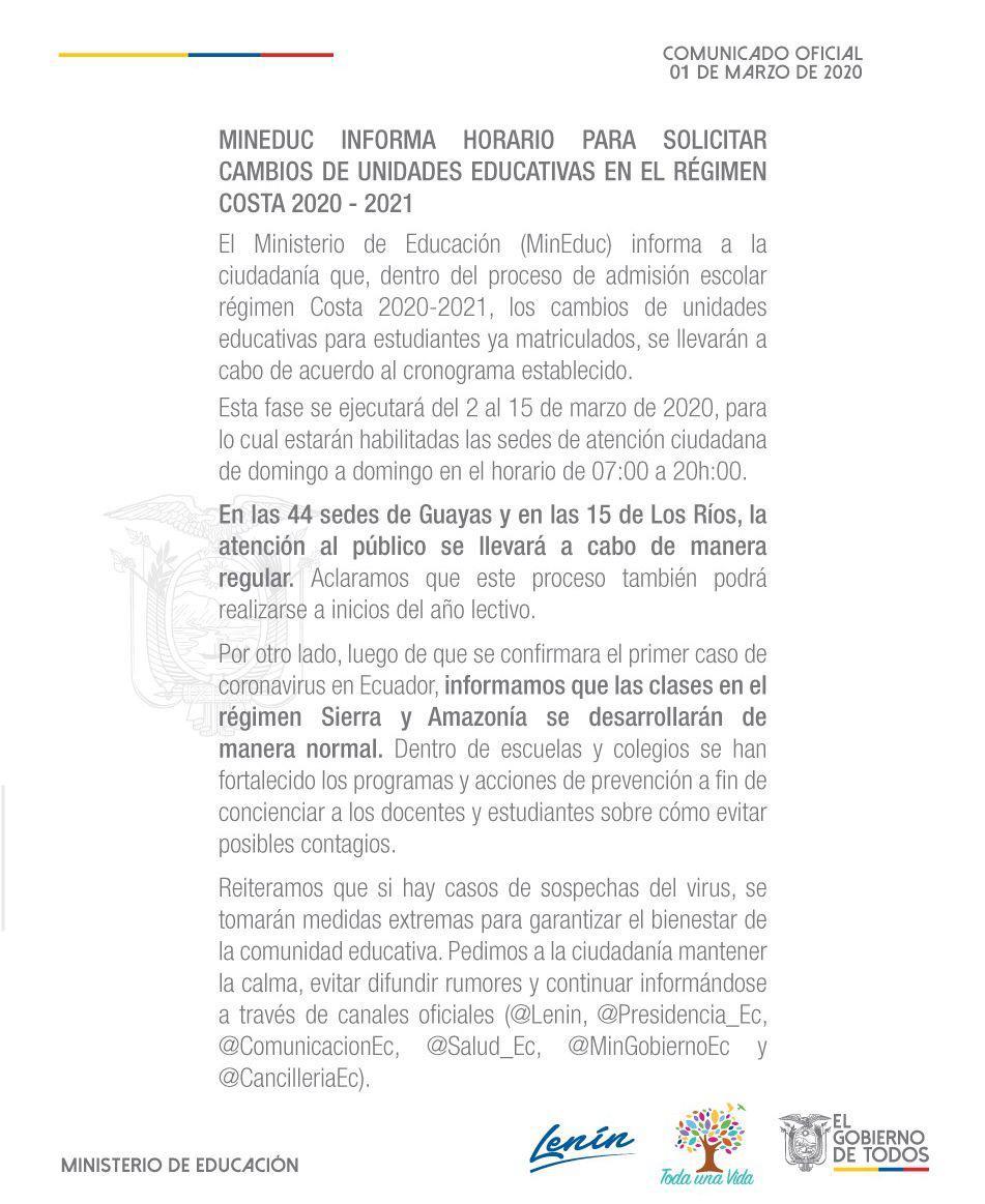 babadmerchan's tweet photo. ATENCIÓN: comunicado oficial de @Educacion_Ec. 

Las clases en #Quito se desarrollarán de manera normal, las unidades educativas reforzarán y aplicarán los protocolos establecidos por @Salud_Ec.

¡Un llamado a la calma y a informarse de fuentes oficiales!

#QuitoEsPrimero https://t.co/4WV20ETvse